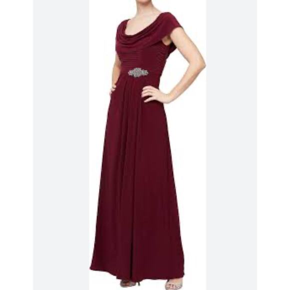 Alex Evenings Cowl Neck Beaded Waist Merlot Wine Dress Size 16 - Picture 1 of 9